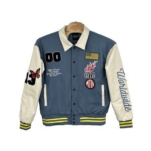 Boohoo Man Varsity Bomber Jacket Limited Edition Mens SZ-2X w/ Patches Blue NWOT